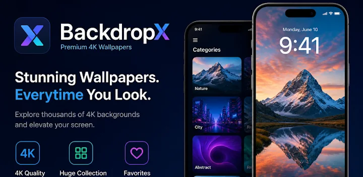 BackdropX feature banner showing the category browser and a 4K lock screen