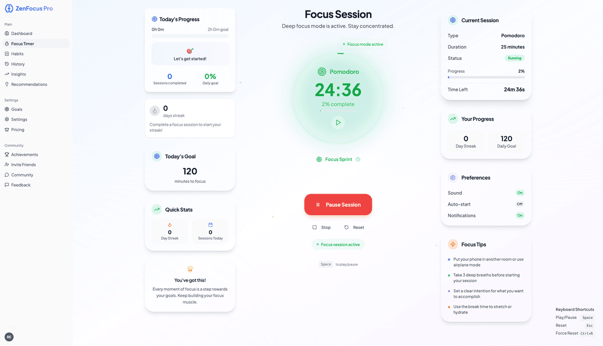Screenshot of ZenFocus – Productivity & Deep Work SaaS